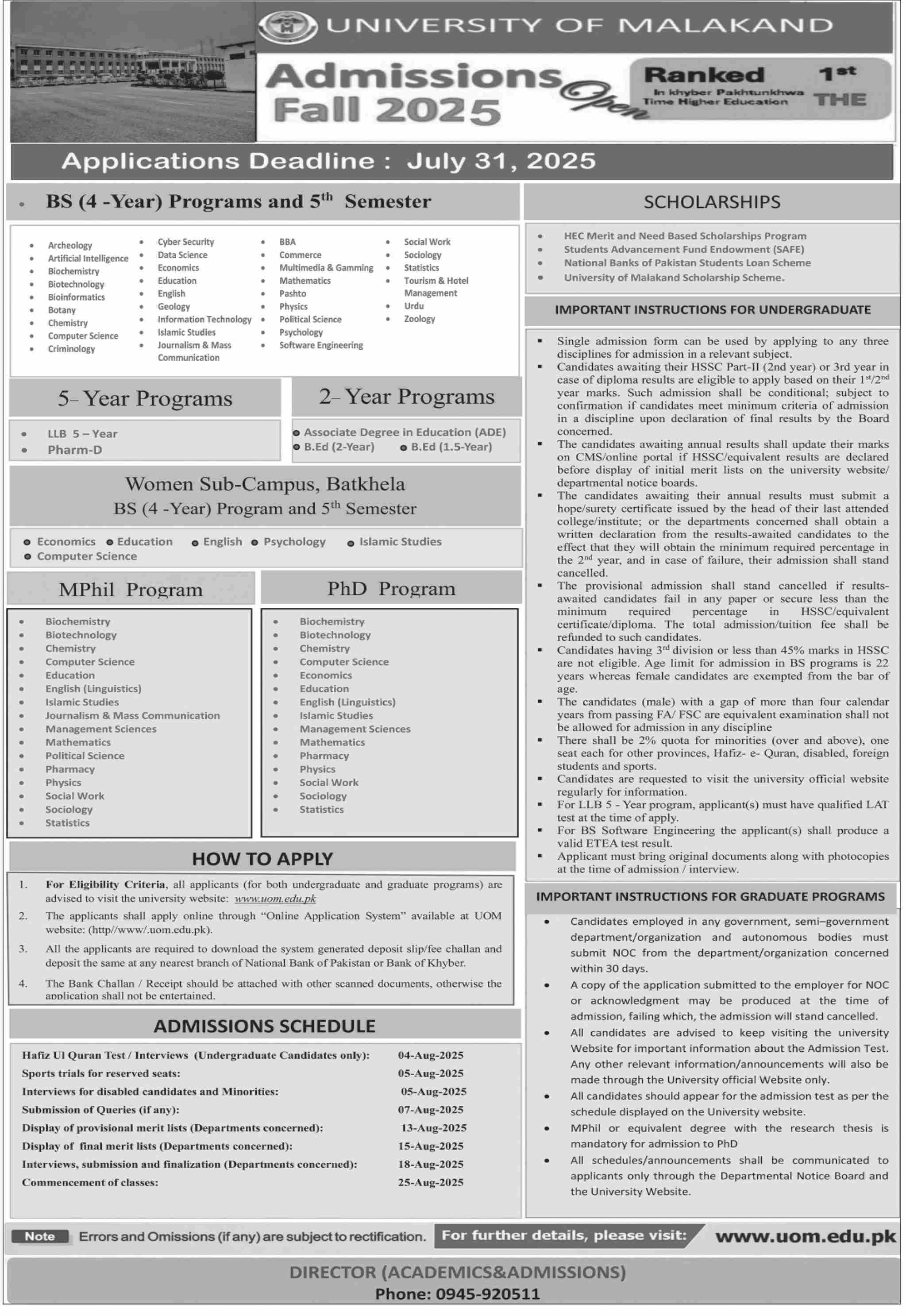 Admission Open in University of Malakand